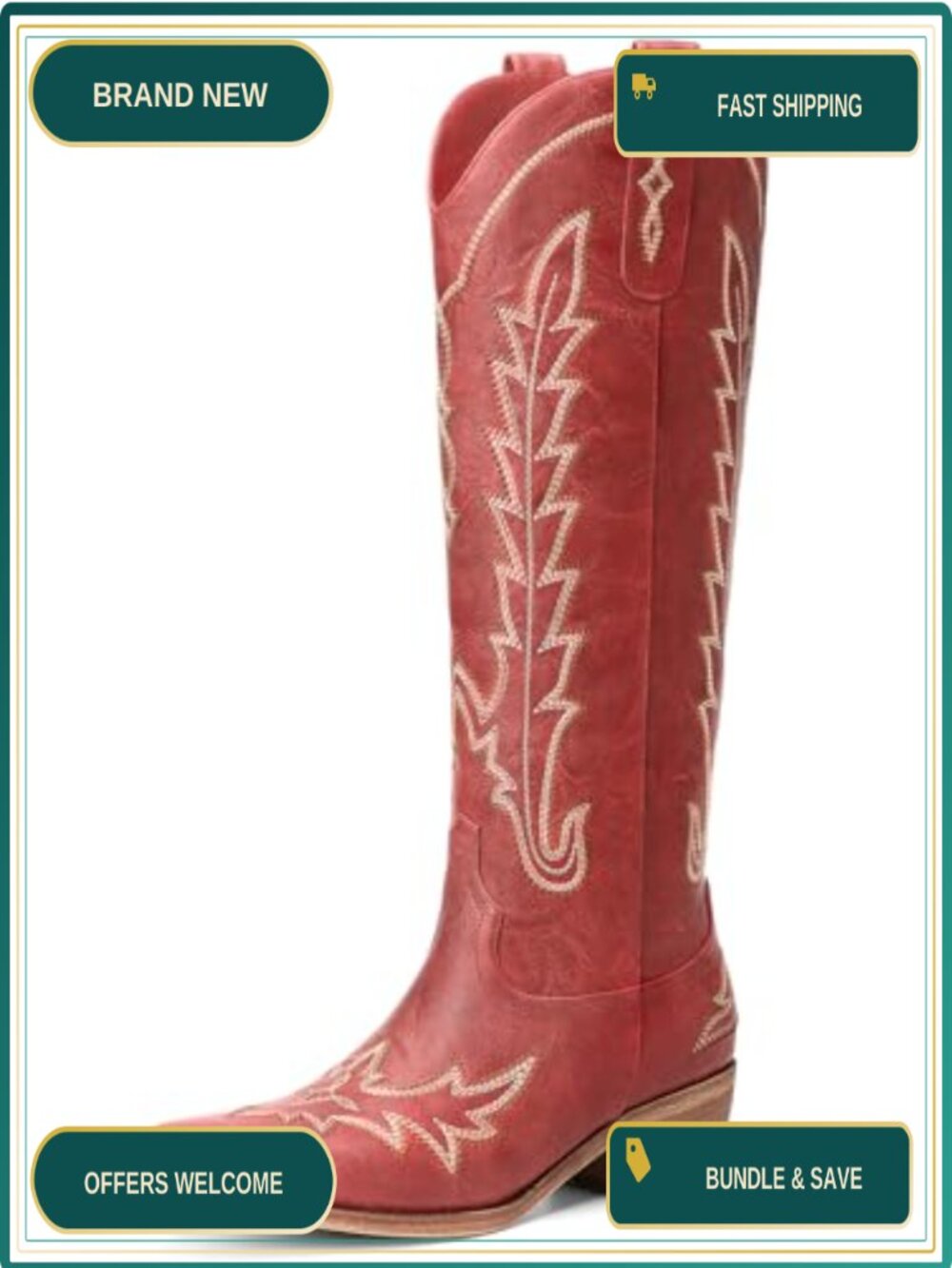 Knee High Cowgirl Boots Pointed Toe Chunky Heel Zip